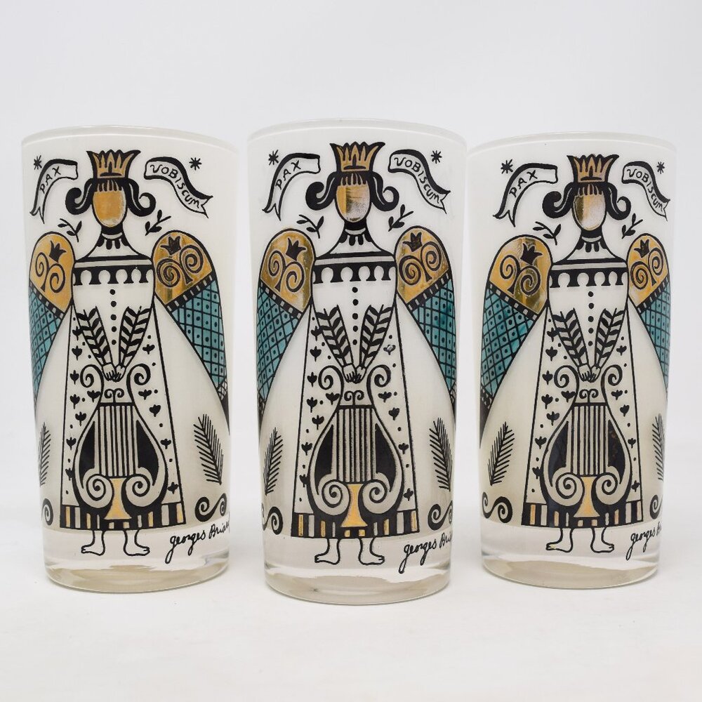 3 Georges Briard MCM Angel Peace With You Glasses Highball Pax Vobiscum Xmas Set